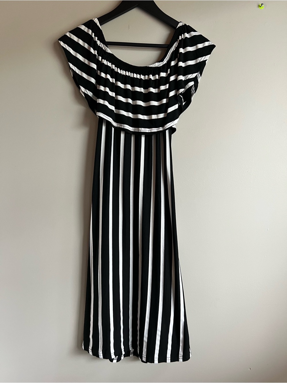 Black White Striped Off Shoulder Midi Dress Stretch Pockets Women’s Small Boho